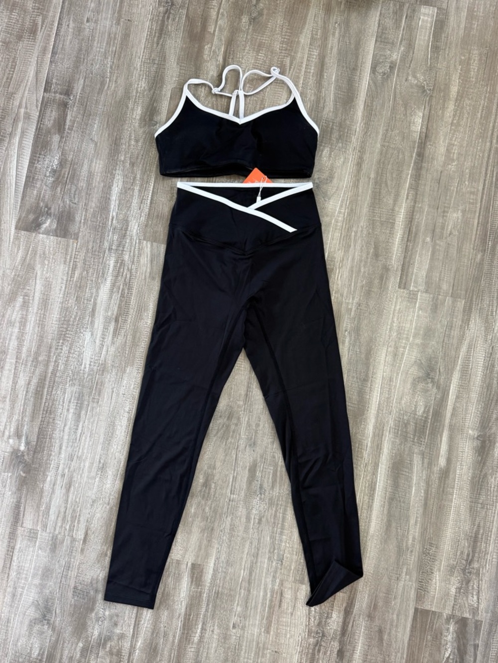 Black Active Set with White Trim - Strappy Sports Bra & High-Waist Leggings